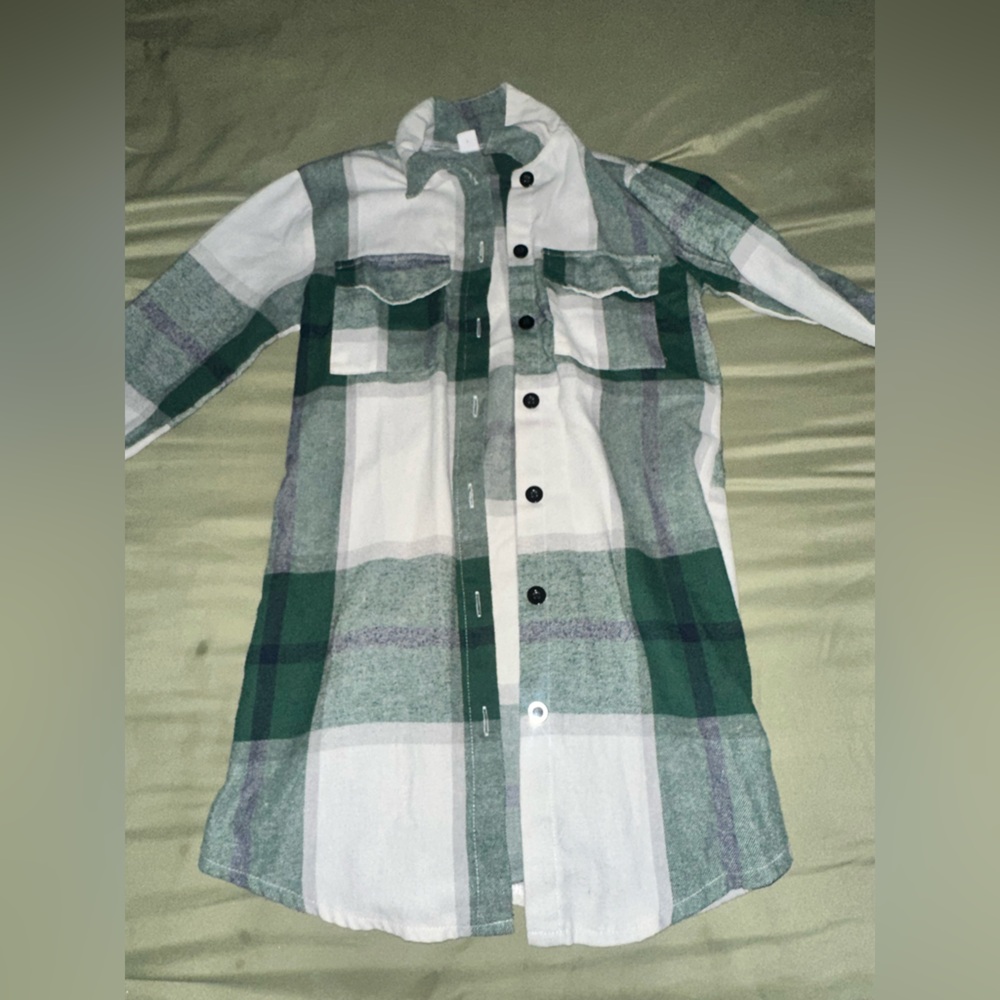 SHEIN Kids Green and White Plaid Button Down Shirt
